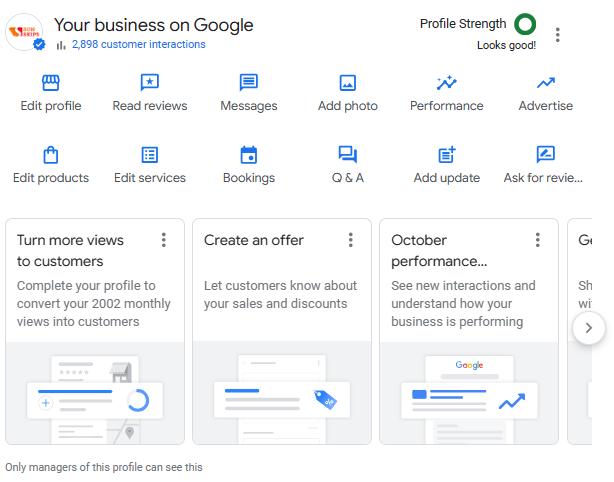 Google Business Profile dashboard for local SEO optimization
