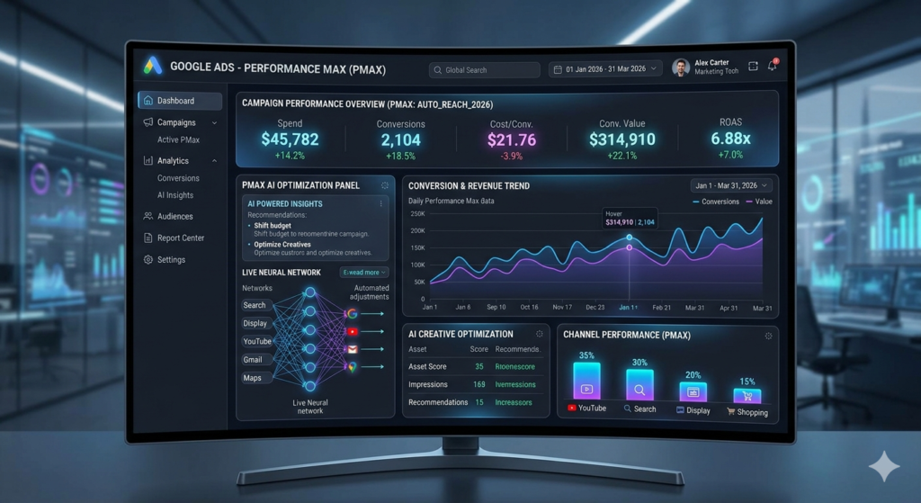 : Performance Max Google Ad Campaign Insights dashboard showing automated optimization in 2026