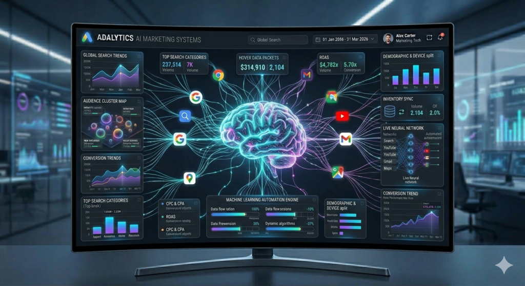 AI brain connected to marketing data nodes, machine learning automation concept, digital network glowing connections, futuristic AI marketing system