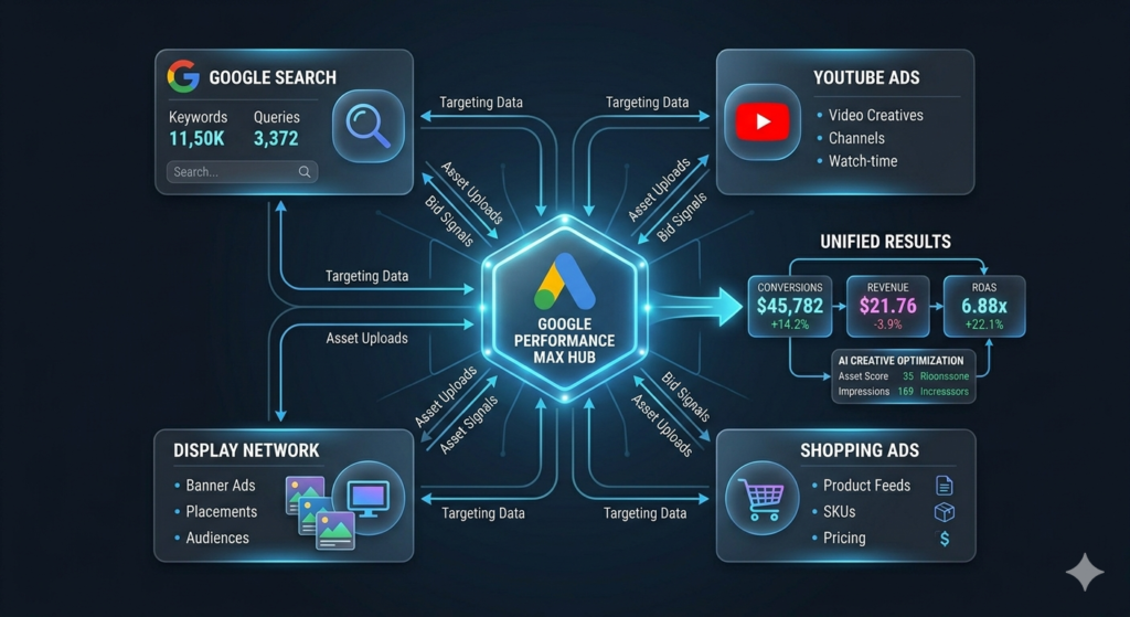 Google Ads Performance Max campaign structure across Search YouTube Display and Shopping networks