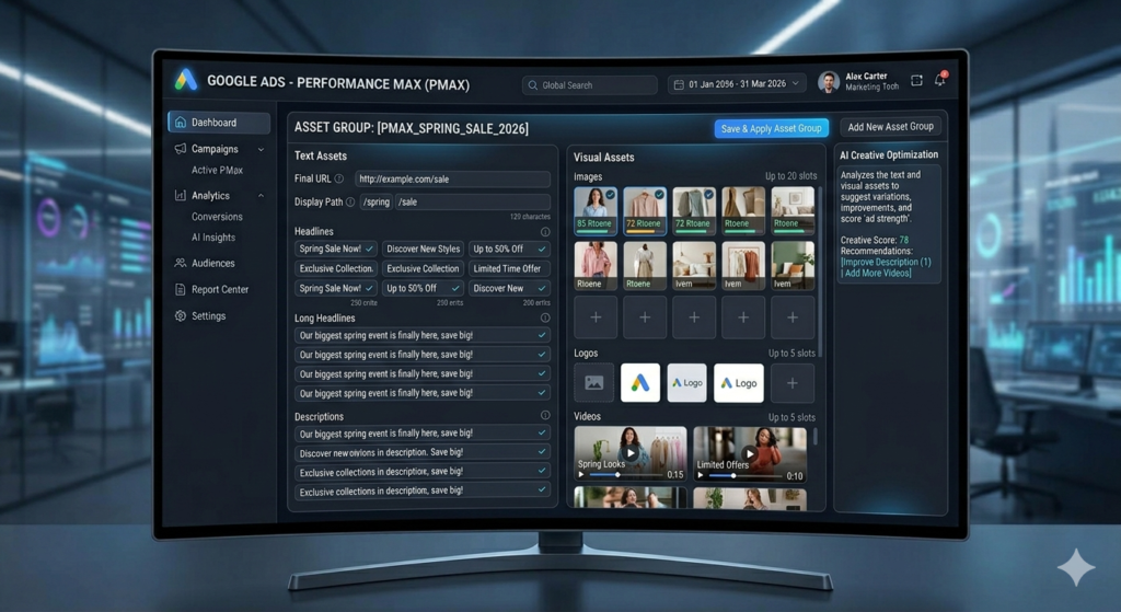 Asset Groups setup inside Performance Max campaign with headlines images videos and descriptions