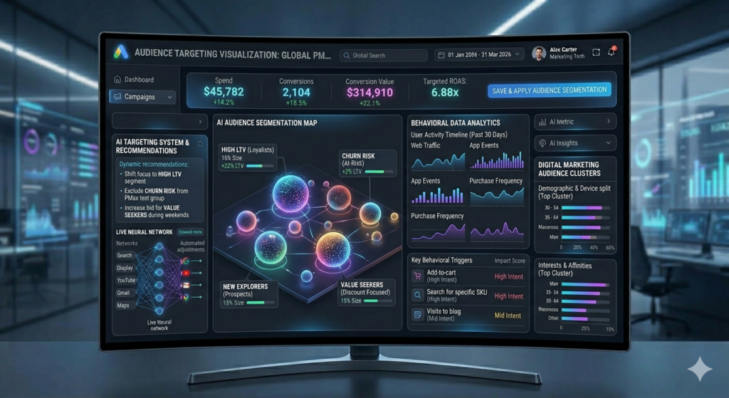 Marketing insights analytics dashboard, audience behavior trends, search category performance charts, AI reporting interface, data visualization