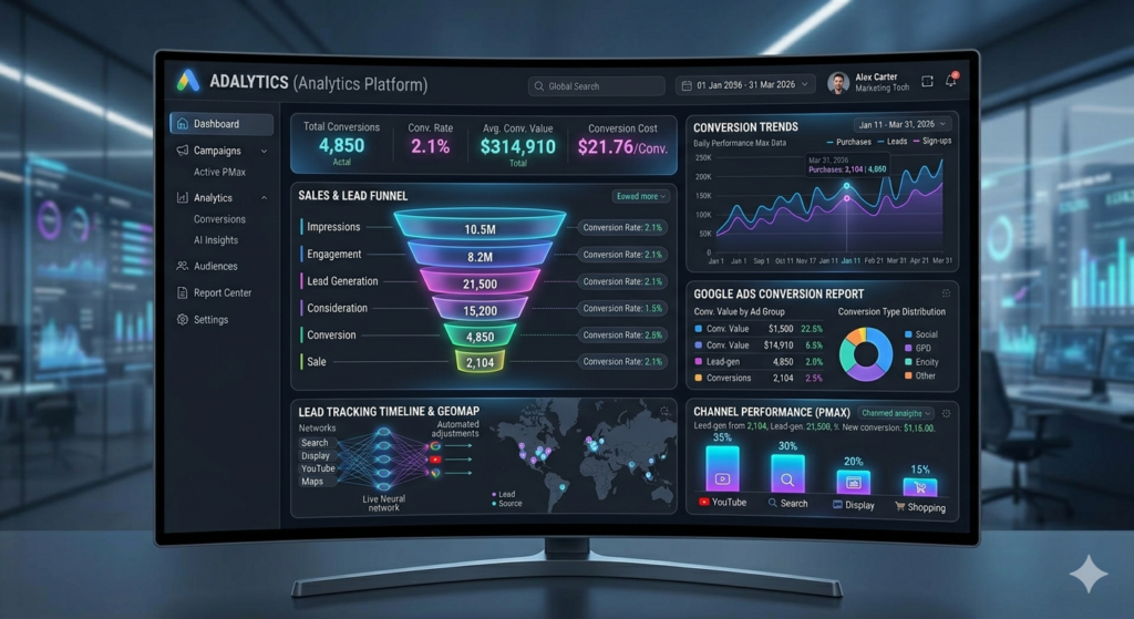 Conversion tracking dashboard showing leads sales and customer actions in Google Ads