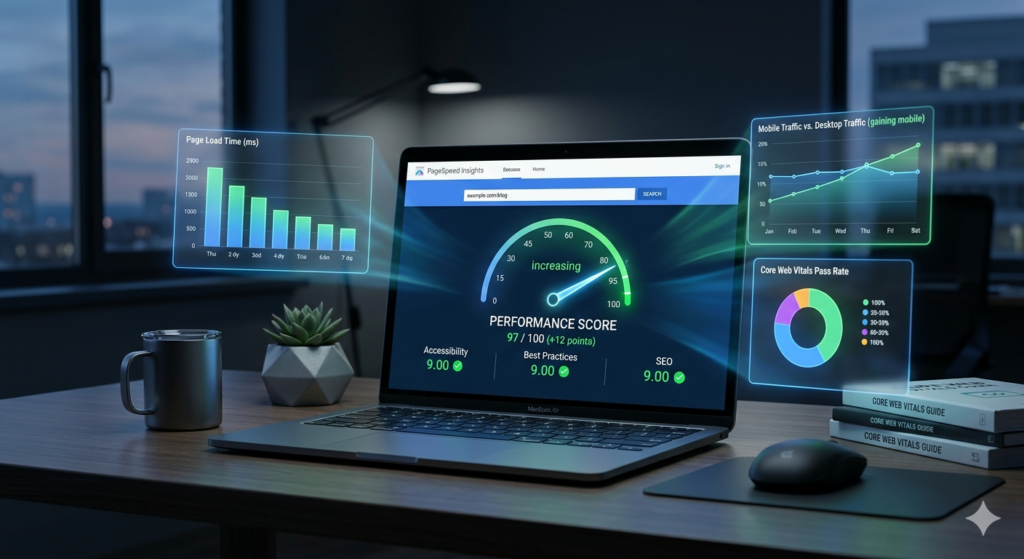 PageSpeed Insights dashboard showing website performance score and Core Web Vitals metrics