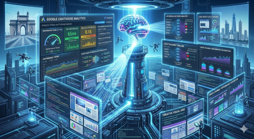 Google Lighthouse tool concept glowing lighthouse scanning website data in digital ocean of code, futuristic analytics environment, performance monitoring dashboard, cyber blue theme, high detail tech illustration