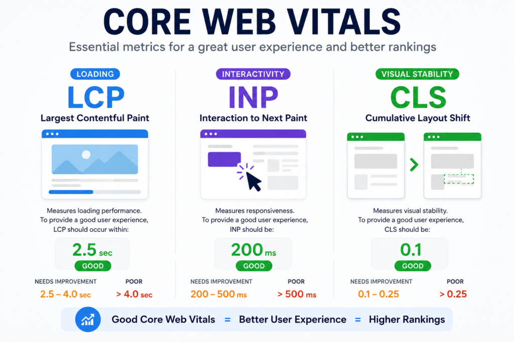 Core Web Vitals overview showing LCP, INP, and CLS metrics for website performance and SEO optimization.