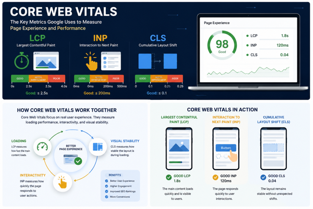 Diagram showing how loading performance, interactivity, and visual stability work together to improve page experience.