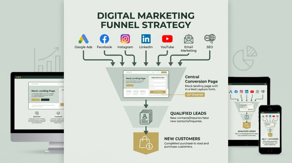 Digital marketing traffic flowing into a conversion page