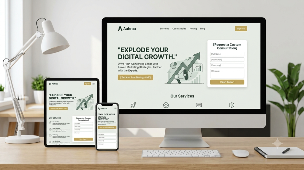 Landing page design displayed on desktop tablet and mobile