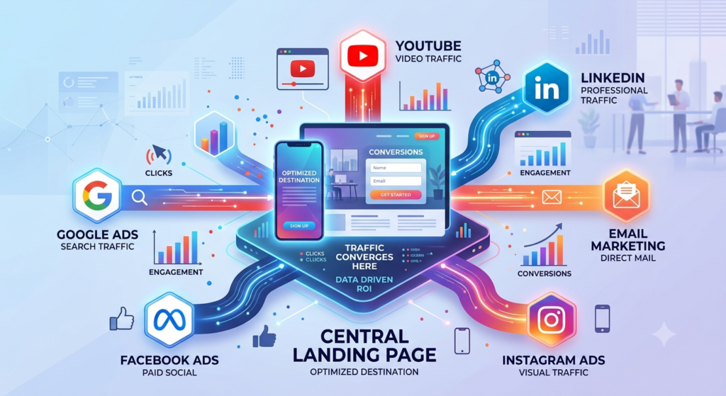 Multiple traffic sources directing visitors to a landing page