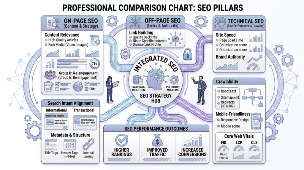 On-Page vs Off-Page vs Technical SEO Comparison