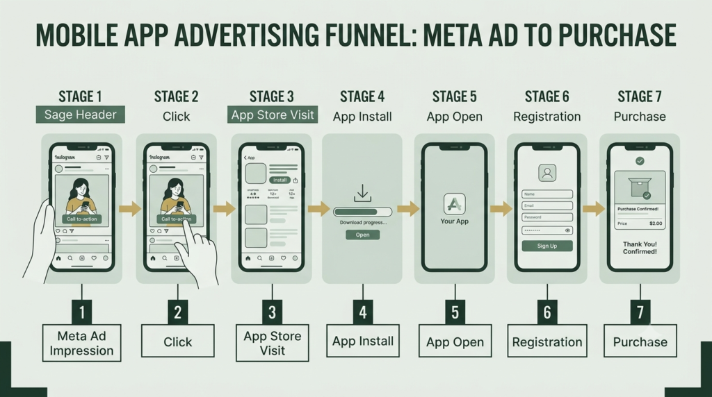 App promotion campaign funnel from ad to app purchase