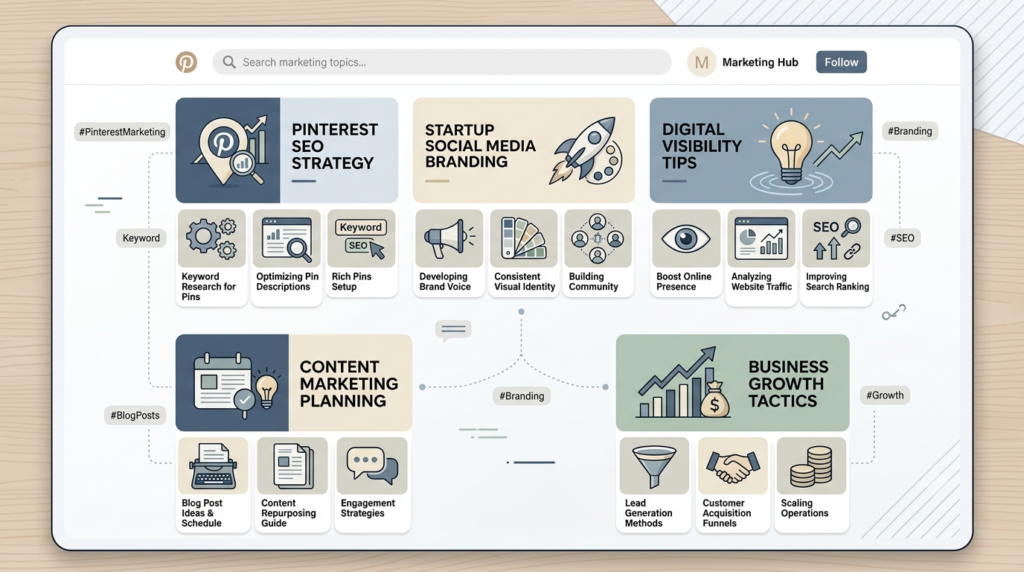 Keyword-rich Pinterest boards supporting Pinterest SEO and digital visibility