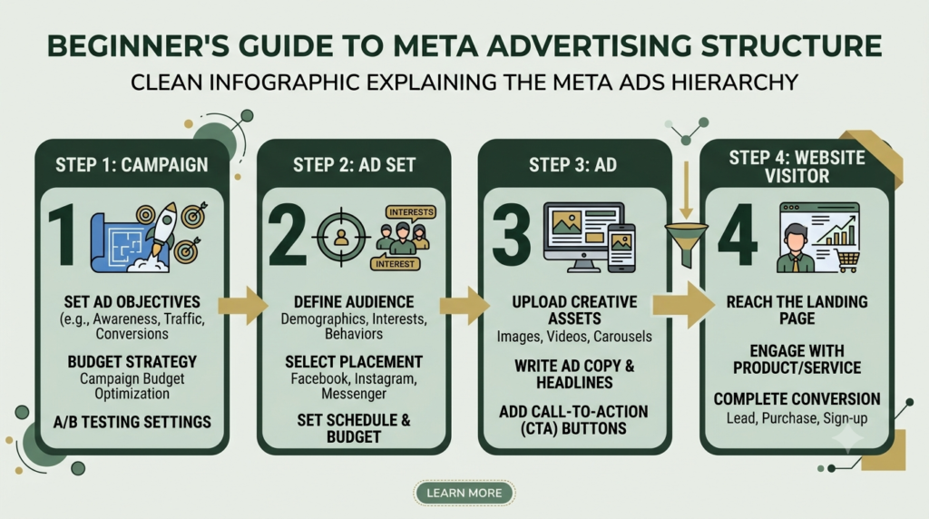 Meta Ads campaign structure from campaign to website visitor
