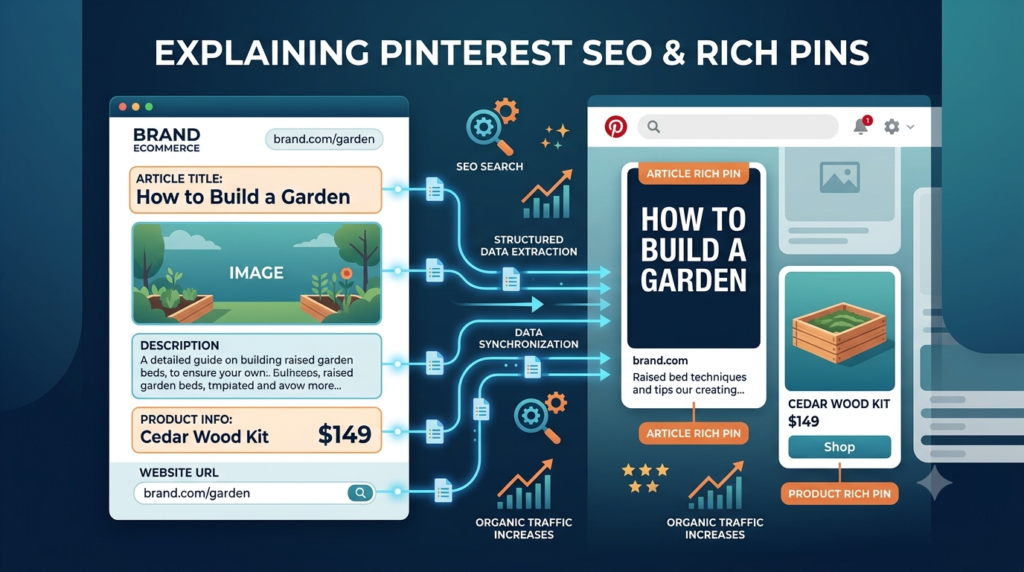Pinterest SEO and Rich Pins connecting website content with Pinterest