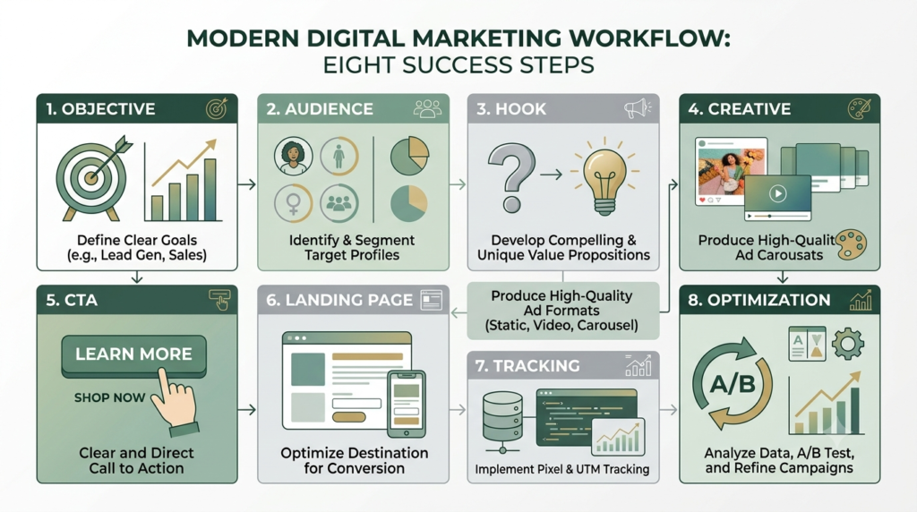 ad creation workflow from campaign objective to conversion
