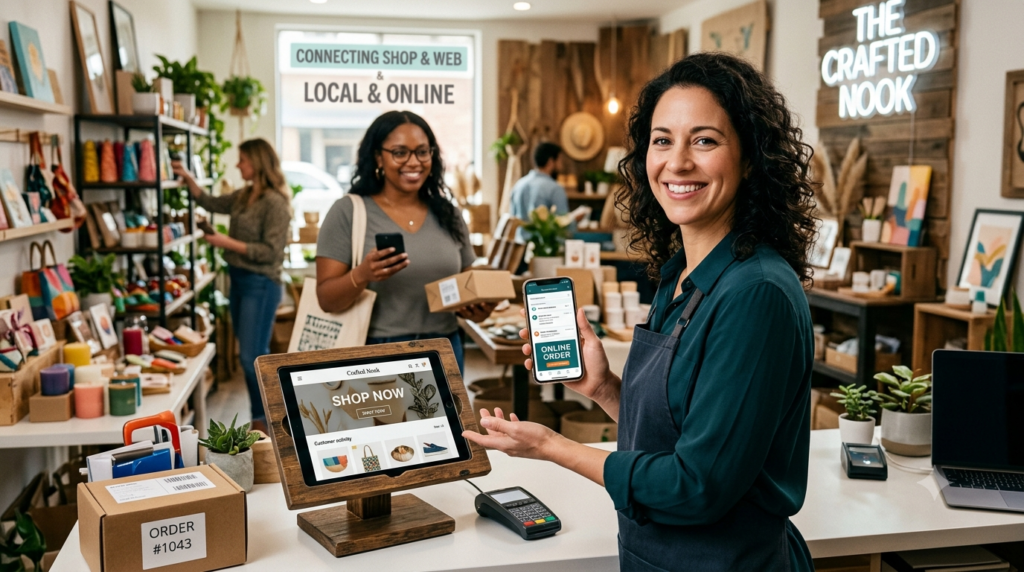 Business owner connecting online and offline business channels in 2026