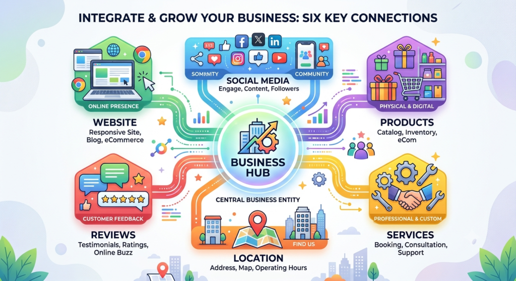 Business entity structure connecting website services products and locations