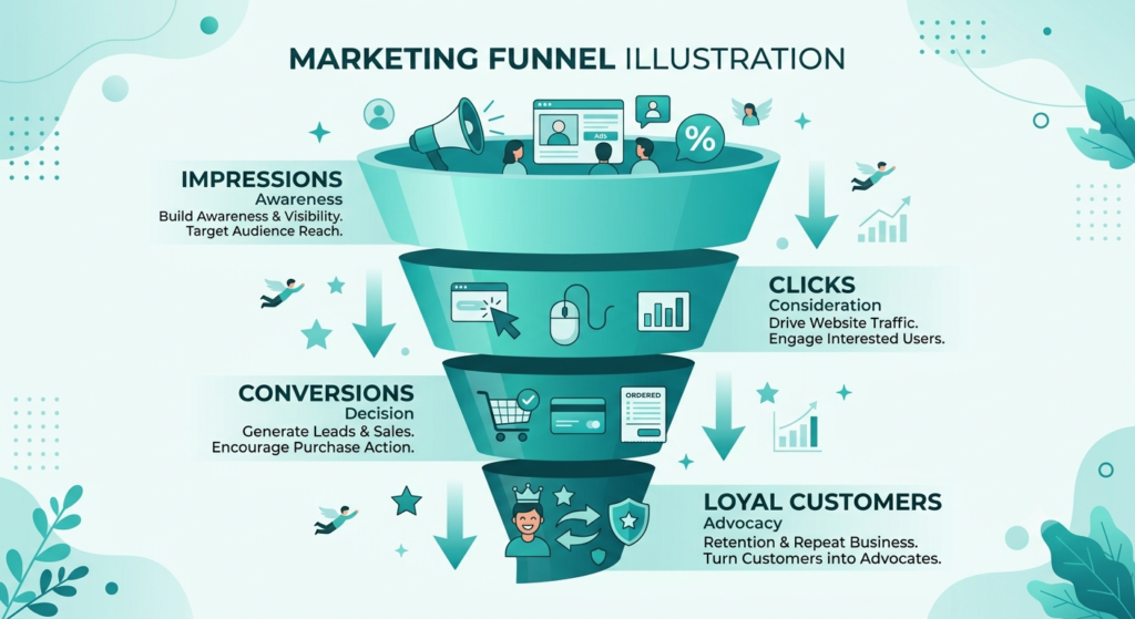 Marketing funnel showing CTR and conversion rate stages
