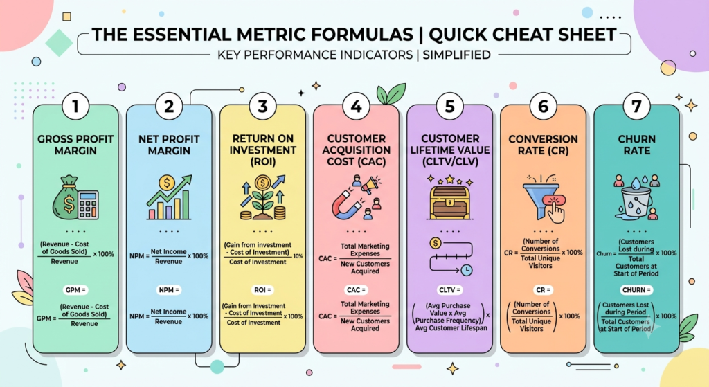 Formula cheat sheet for seven marketing KPIs