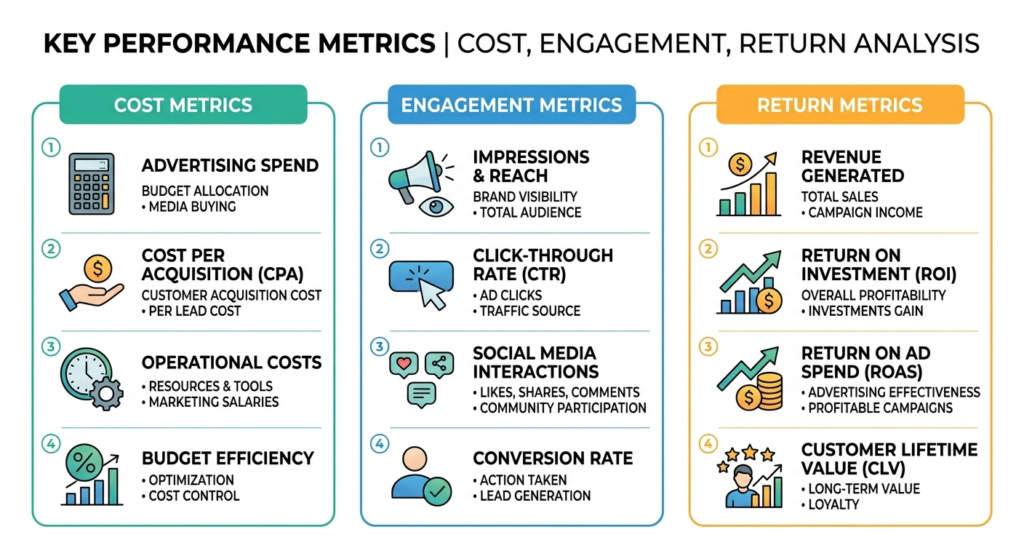 Three types of marketing campaign metrics: cost, engagement and return