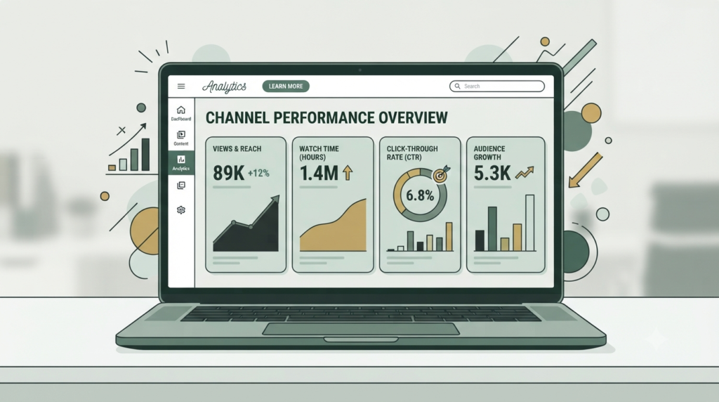 YouTube Analytics dashboard showing views watch time CTR and audience metrics