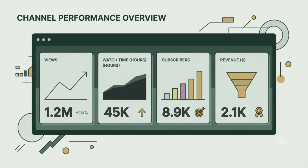 YouTube Analytics overview with views watch time subscribers and revenue