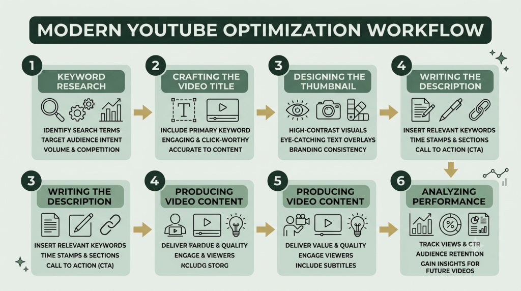 YouTube SEO workflow from keyword research to analytics