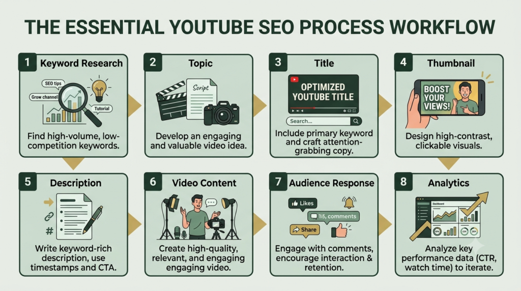 YouTube SEO workflow from keyword research to analytics