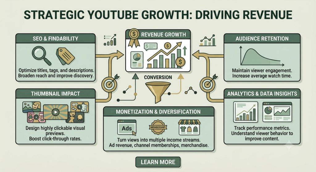 YouTube revenue growth strategy using SEO and analytics